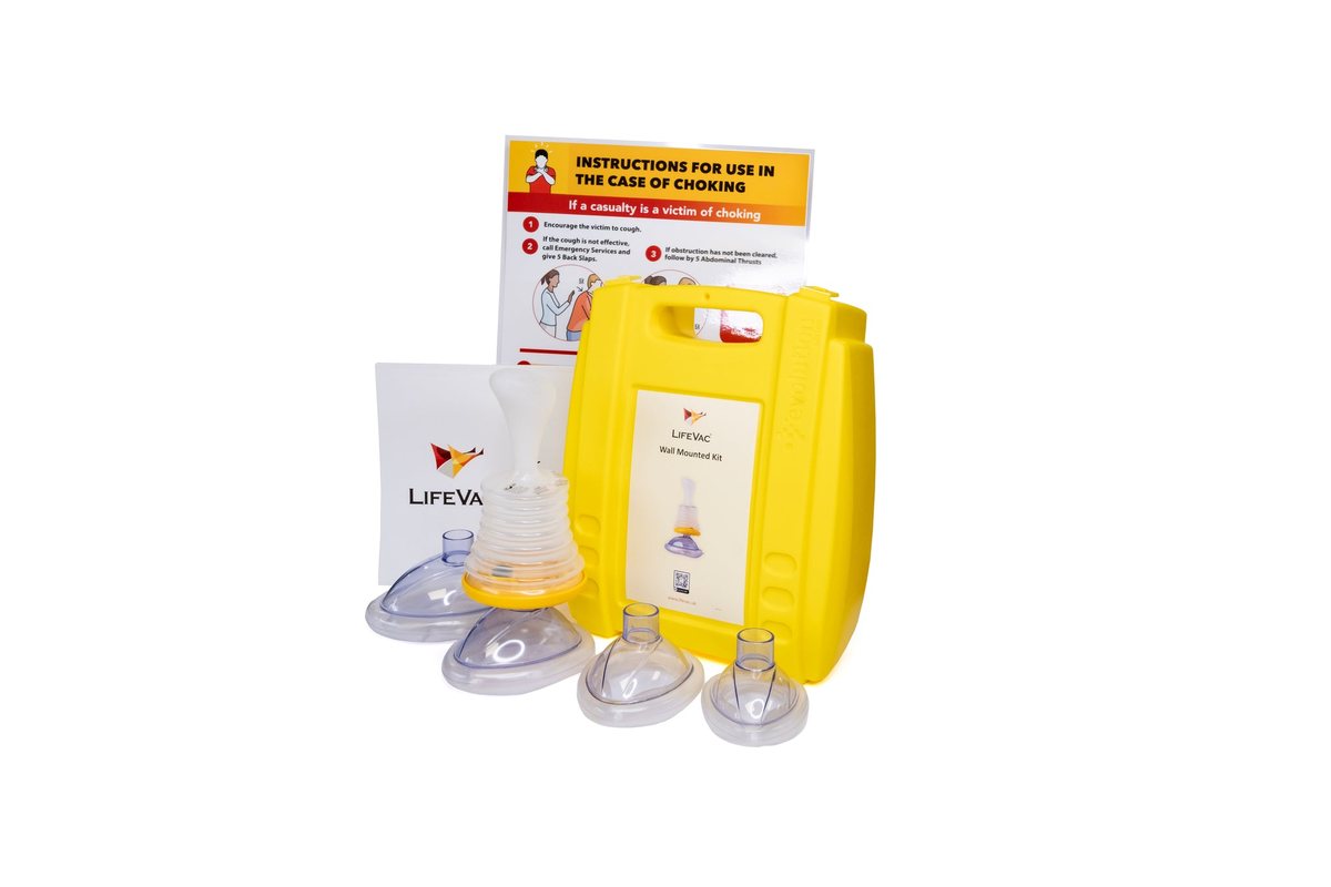 Nástenná súprava LifeVac® — žltá skrinka, prístroj, masky a plagát